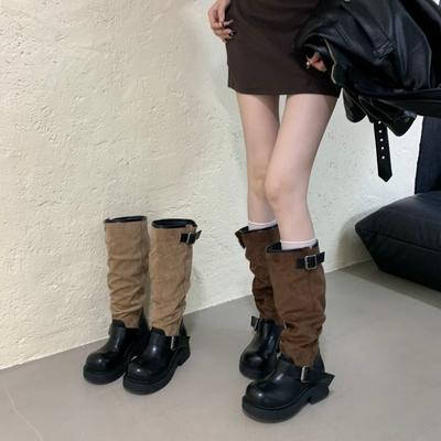 Skinny Long Tube Splicing Stacking Boots Women's 2025 Autumn New Big Head Retro Heightening Thick Sole Small Man Tall Boots