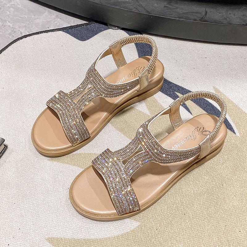 

2024 летние новые дизайнерские сандалии на платформе, женская мода, повседневная римская обувь, женские однотонные сандалии с кристаллами 36 золотой