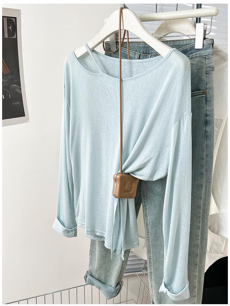 Women's Blue Off-the-Shoulder Sun Protection Long-Sleeve T-Shirt, Summer Loose Fit Cover-Up Top