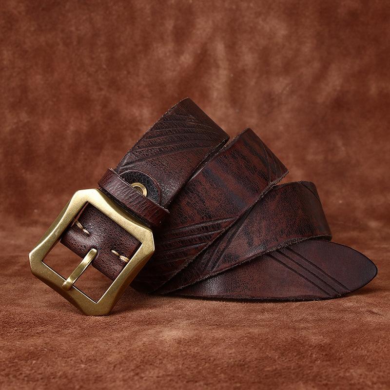 Belt Men's Vintage Heavy-Duty Washed Distressed Vegetable Tanned Full-Grain Leather Cowhide Leather Brass Buckle Trendy Unique Niche Belt