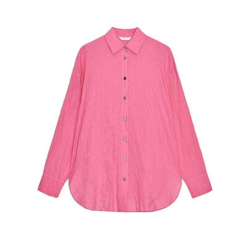 Summer New Product Women's Clothes Cotton Blend Asymmetric Hem Contrast Color Button Ruched Lapel Shirt 8041278