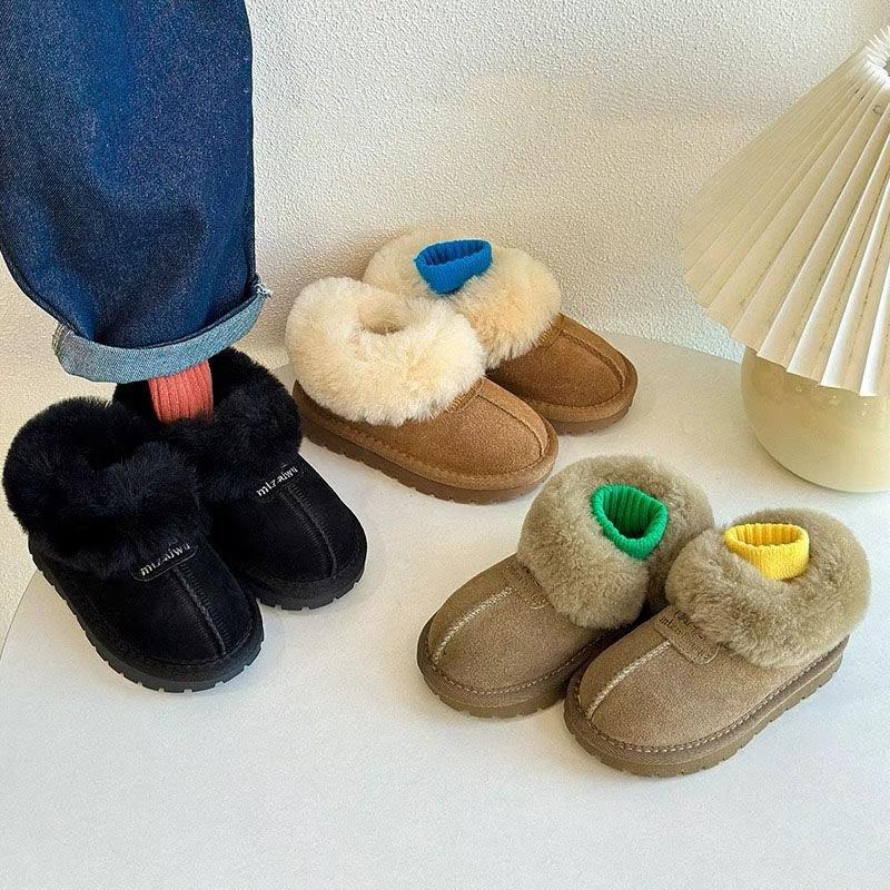 Children's Genuine Leather Snow Boots Lamb Wool Cotton Shoes Korean Style Plus Velvet Thickened Loafers