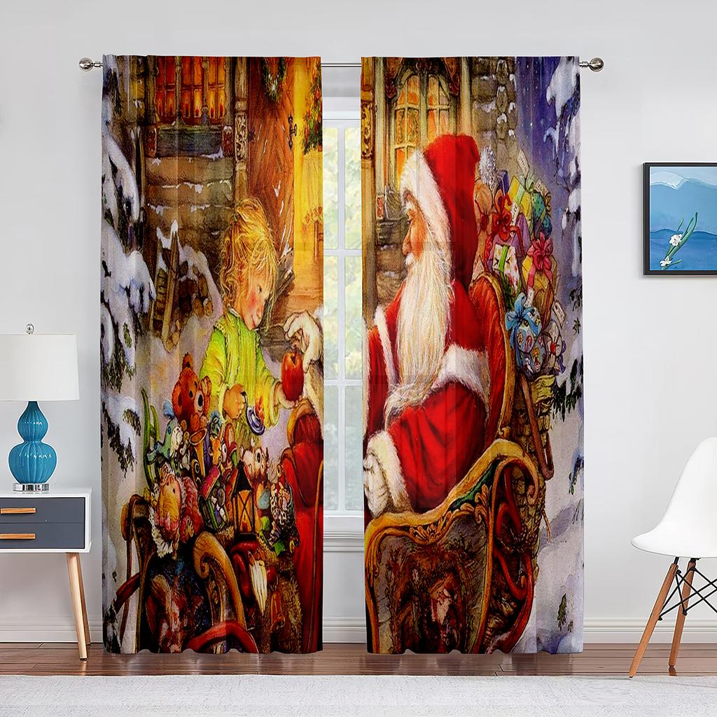 Christmas Scenery Santa Delivering Presents Sheer Voile Curtain Elk Window Tulle Curtains for Living Room Kitchen Bedroom Decor