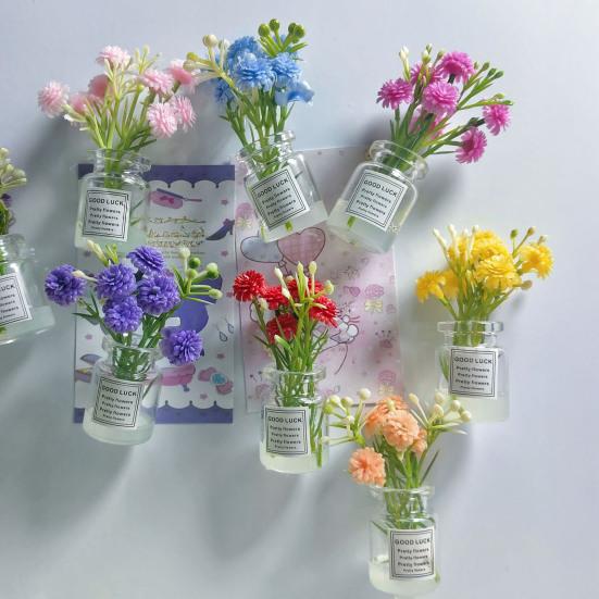 Mini Flower Vase Refrigerator Magnet with Fake Flower 3D Miniature Plants Vase Fridge Magnet Home Office Kitchen Decoration