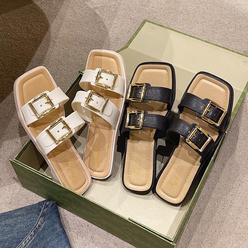 Slippers Women's Outer Wear Summer New Square Head One-word Drag Casual Flat Bottom Non-slip Beach Cool Slippers