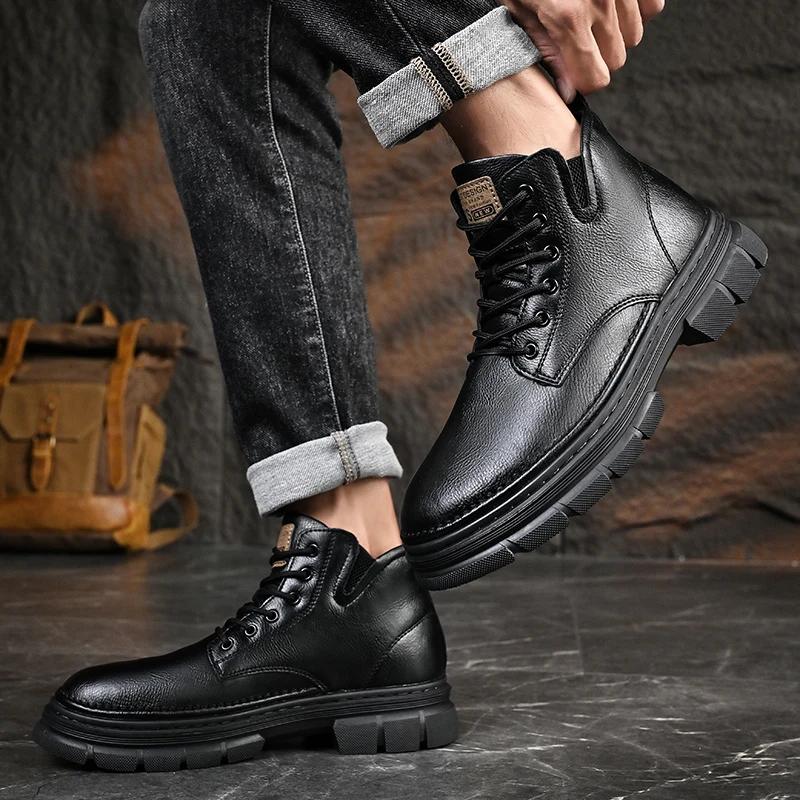Fashion Hot Sale Men's Lace-Up Motorcycle Boots Leather Fashion Walking Shoes New Men Brand Mens Sneakers Male Comfortable Ankle Boots