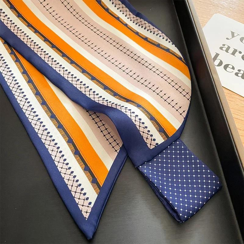 Luxury Stripe Skinny Silk Scarfs Women Foulard Neckerchief Lady Bag Ribbons Office Soft Satin Neck Tie Female Hairband Gift