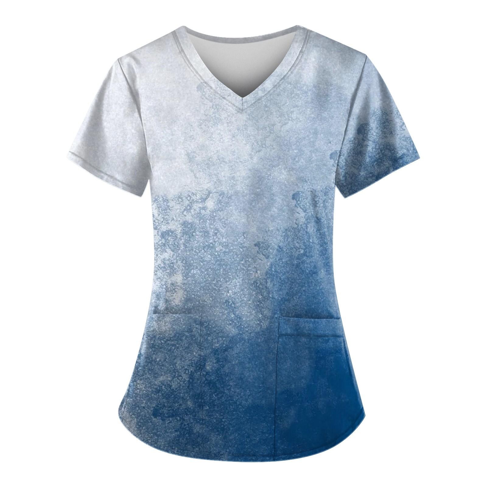 

Женская мода, рабочая одежда с v-образным вырезом, короткими рукавами и карманами, топы с принтом, летние топы для женщин XXL темно-синий