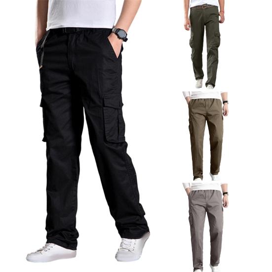 Men Cargo Pants Solid Color Loose Multi Pockets Soft Breathable Mid Waist Straight Casual Streetwear Casual Daily Long Trousers