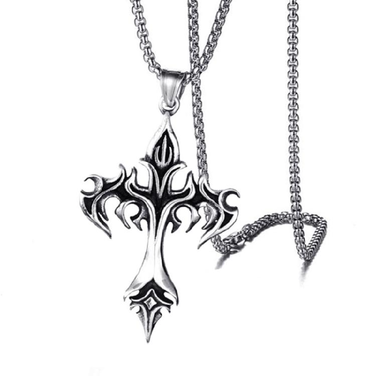 

Men s Titaniums Steel Necklace Retro Flame Crucifix Charm Pendant Clavicle Chain Handmade Music Festival Jewelry 1