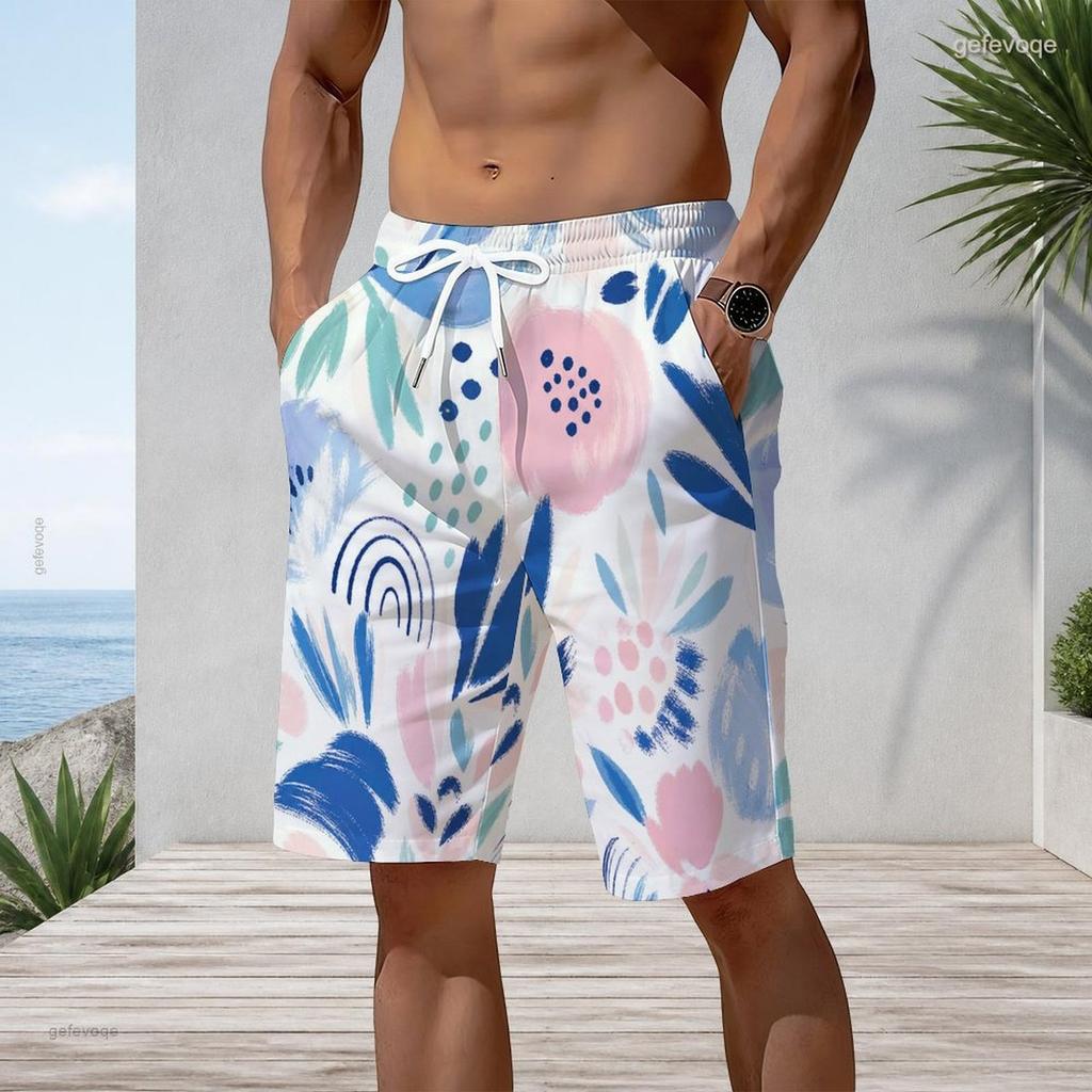 Men Plus Size Printed Beach Shorts Drawstring Waist Side Pockets Straight Leg