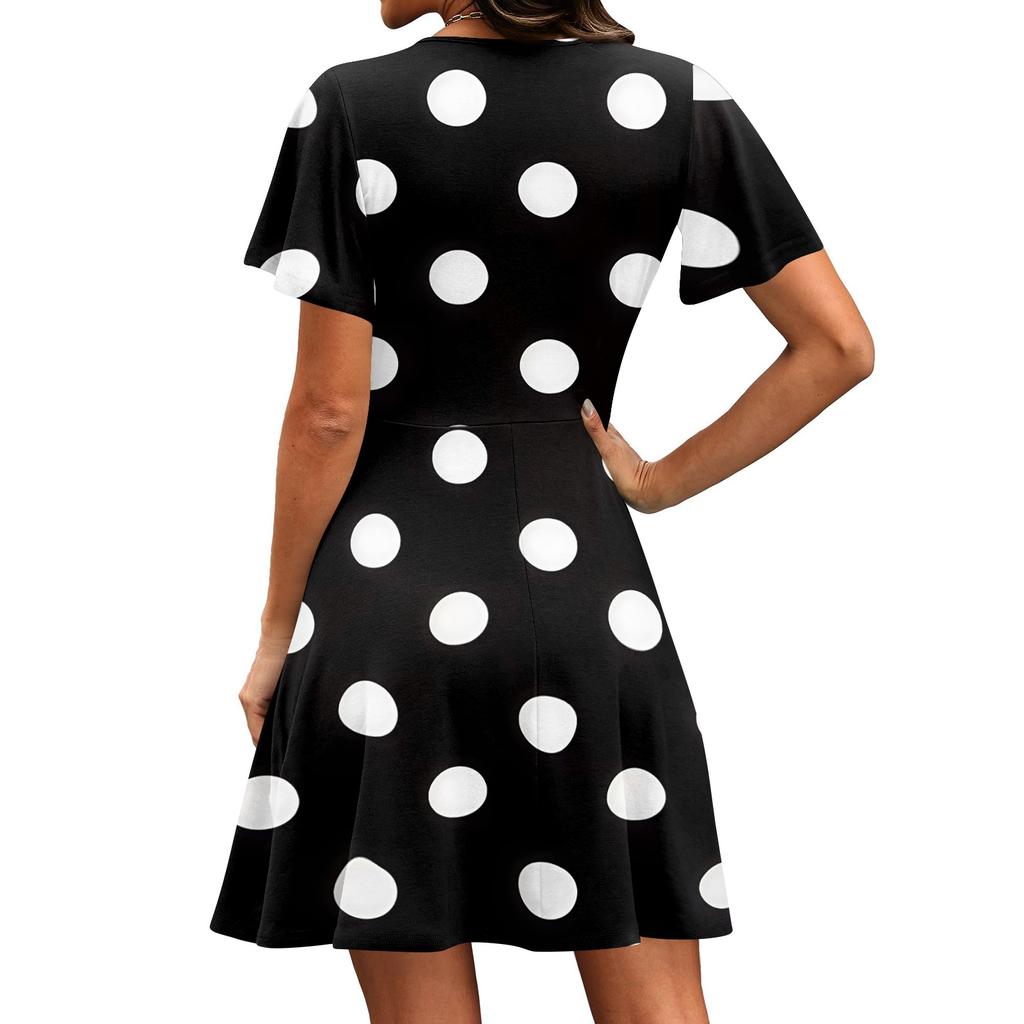 Women's V-Neck Polka Dot Print Short Sleeve Dress for Casual Everyday Wear