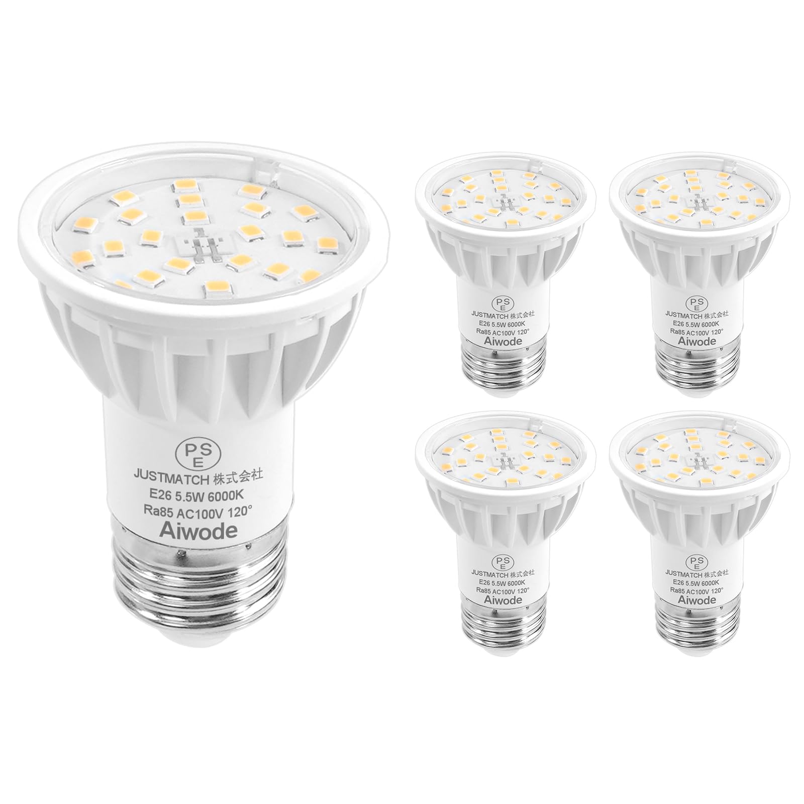 

Aiwode E26 LED Bulbs, E26 Base, 5.5W (50-60W Equivalent), Daylight White, 6000K, Non-Dimmable, RA85, Wide Angle, 120°, High Brightness, 600LM, PSE