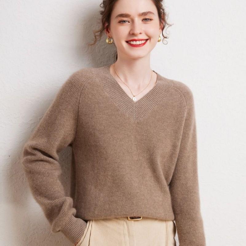 100% Pure Cashmere Womens Thick Knit V-Neck Sweater Winter Loose Fit Oversized Top