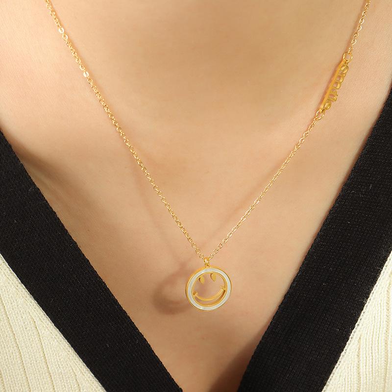 Korean White Mother-of-Pearl Smiley Pendant Necklace, 18K Gold-Plated Titanium Steel Chain.
