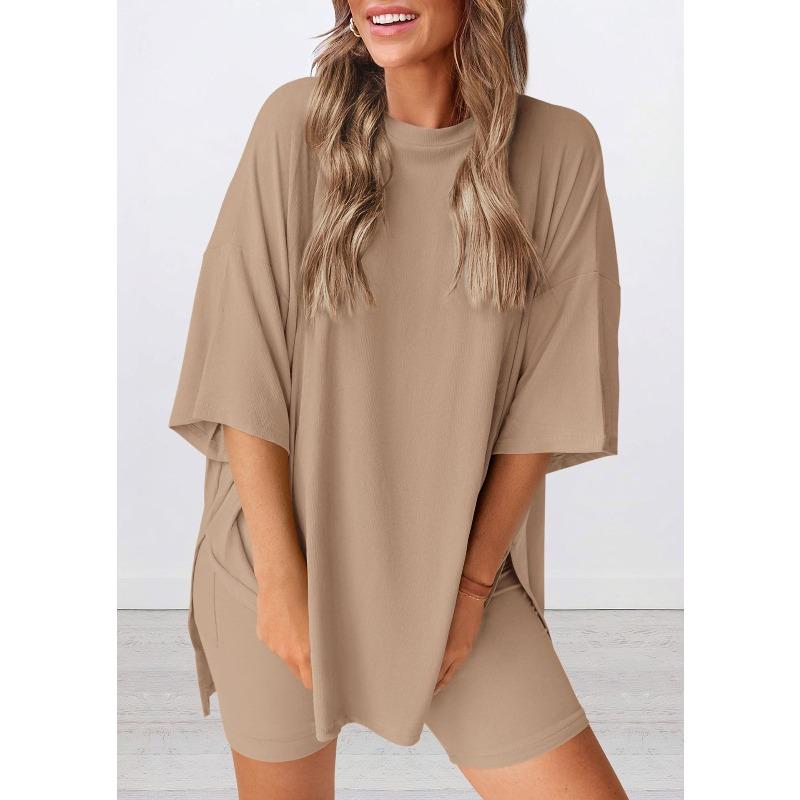 Conjunto de Pijama de Dos Piezas para Mujer con Top Oversize de Manga Corta y Shorts con Bolsillos