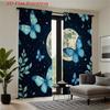 2D Flat, 2pcs Blue Butterfly Moon & Stars Night Sky Curtains with Dark Blue Leaf Pattern - Semi-Sheer Window Drapes for Living