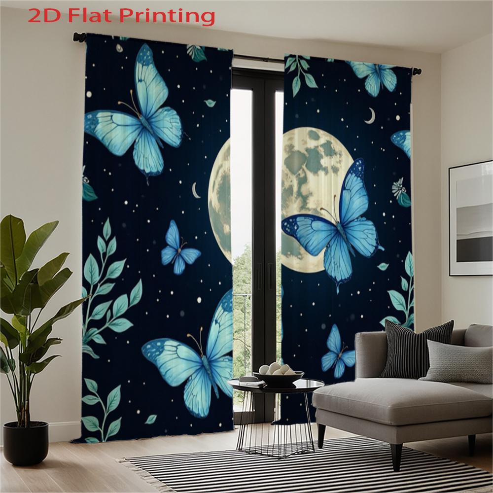 2D Flat, 2pcs Blue Butterfly Moon & Stars Night Sky Curtains with Dark Blue Leaf Pattern - Semi-Sheer Window Drapes for Living