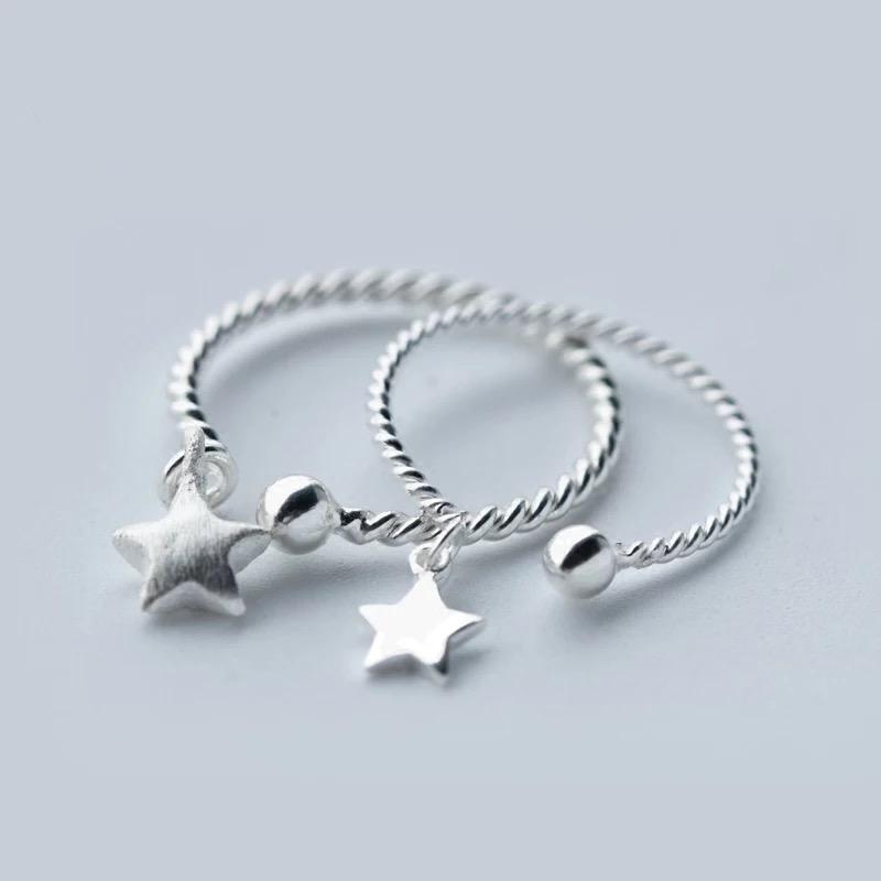 Genuine Silver Color Minimalist Geometric Pendant Star Round Opening Ring For Women Cute Party Fine Jewelry Gift