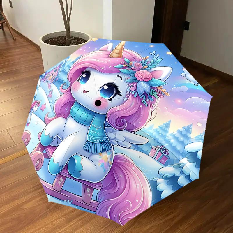 1PC Unicorn Winter Automatic Open/Close Umbrella with Windproof, 8-Rib Sturdy Canopy, Durable Ribs, Fashionable Design, Outdoor Accessory, Fun Prin, H