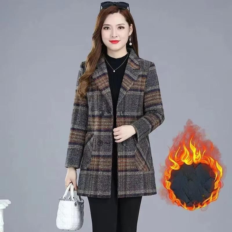 Mother's Clothing Plaid Woolen Jacket 5xl Autumn Winter Female Thicken Slim Middle Length Outwear Korea Women's Casual Wool Coat