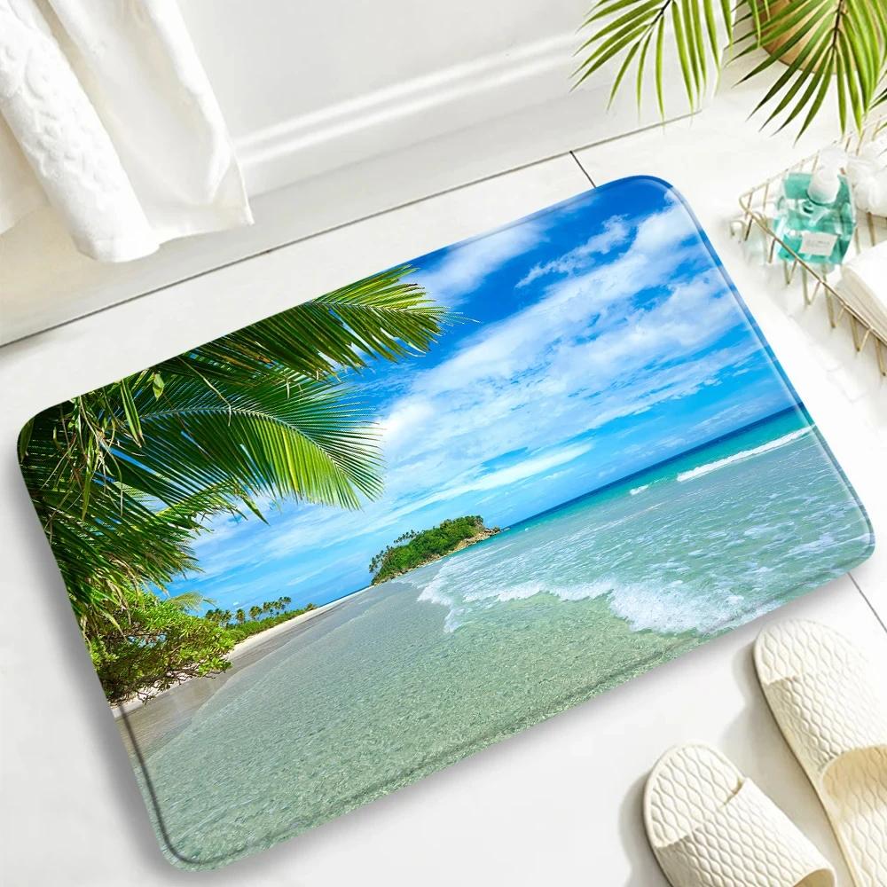 Summer Ocean Beach Carpet Hawaii Island Palm Trees Nature Scenery Bathroom Rug Non-slip Entrance Doormat for Living Room Decor