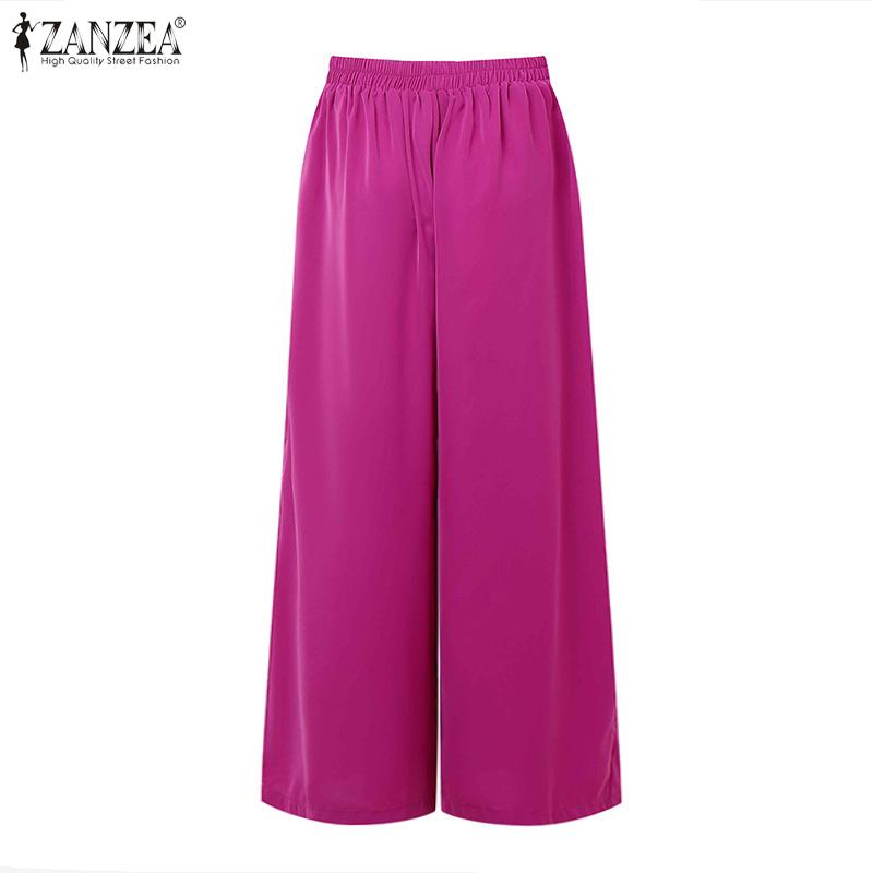ZANZEA Pantaloni casual pentru femei, cu talie elastică în spate, cu picioare largi
