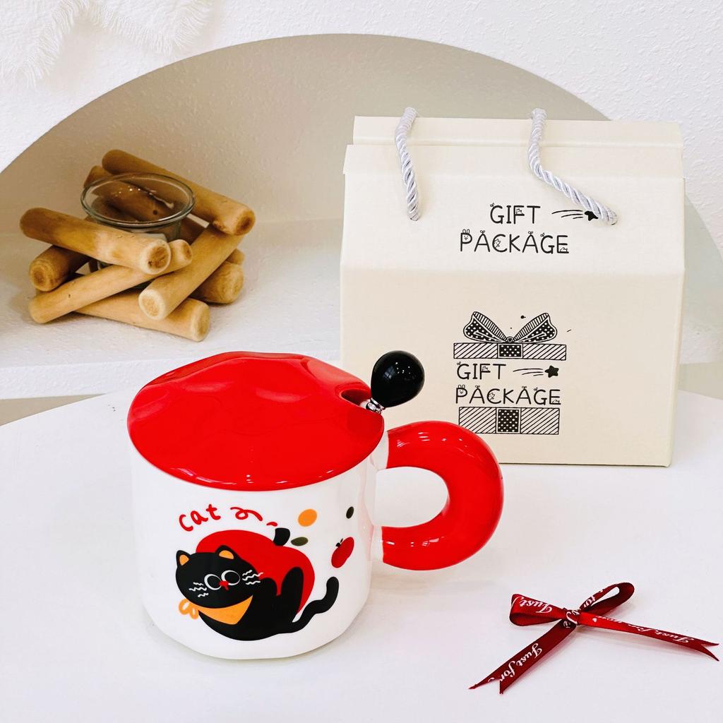 Personalized Large Capacity Cat Cartoon Cute Straw Cup Small Gift Box Set for Household Ceramic Cup High Value Mug