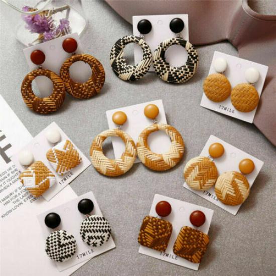 Wood Earrings Jewelry Bamboo Dangle Geometric Rattan Circle Women 2024 Fashion