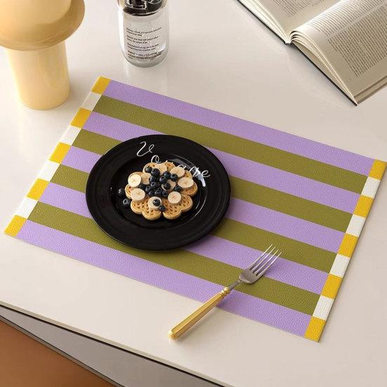 Yousheng Colorful Striped Placemat, Rectangular Artificial Leather Placemat, Heat Resistant Non-Slip Table Protector Mat for Home Dining