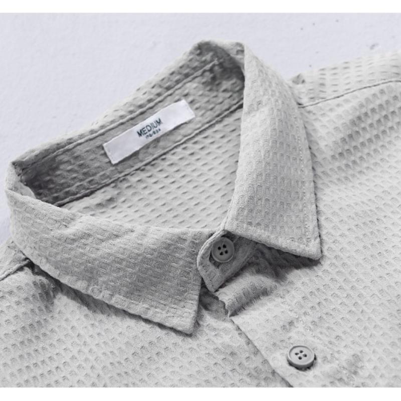 Spring and Summer Solid Color Long Sleeve Men Shirt Pocket Casual Shirt Turn-down Collar Waffle Textured Shirt Simple Style Men Clothing
