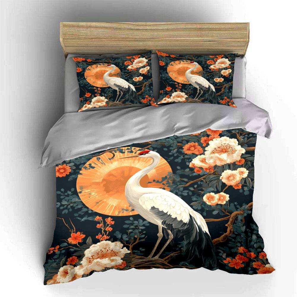 Crane with Floral Sunset Bedding Duvet Cover Set  (1*Duvet Cover 2*Pillowcases, without duvet insert)