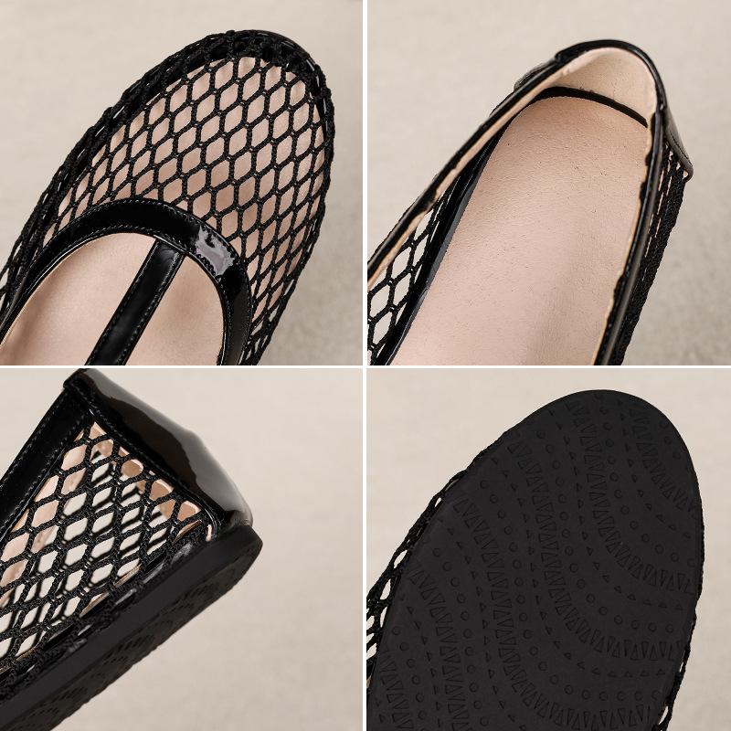 Fishnet Ballet Flats for Women Comfort Dressy Shoes With Ankle Strap Summer Round Closed Toe Mary Jane Shoes Women's Casual Non-Slip Mary Jane Flats