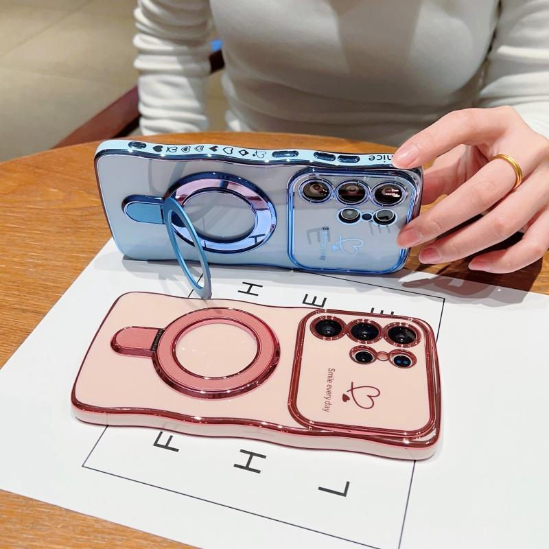 Wave Frame Plating Glossy Phone Case For Samsung Galaxy S25 Ultra S24 FE S23 S22 Plus S21 TPU Soft Shockproof Ring Holder Bracket Back Cover