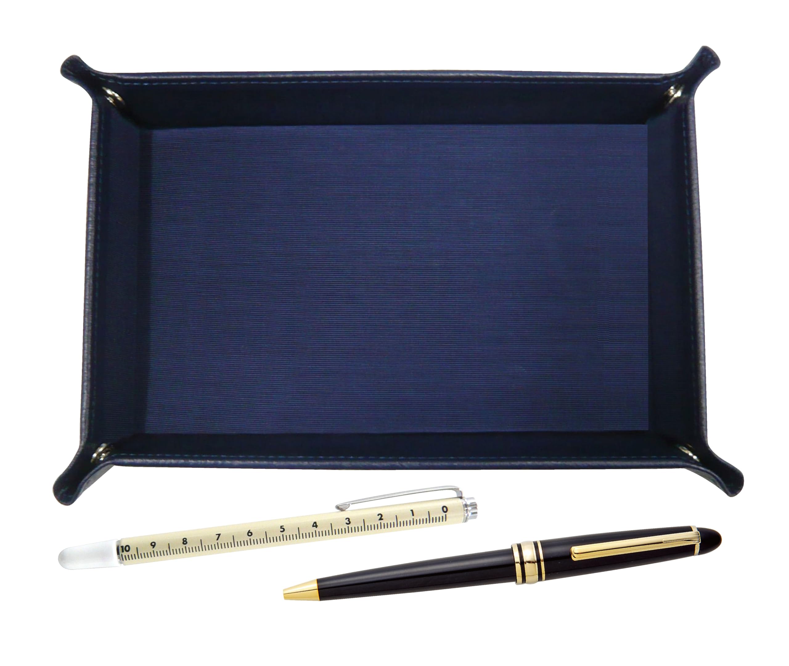 

Japanese grained cowhide pen tray in blue with sliding measuring stick and metal ring cap sliding retro pen set TRAL-708W-8838B