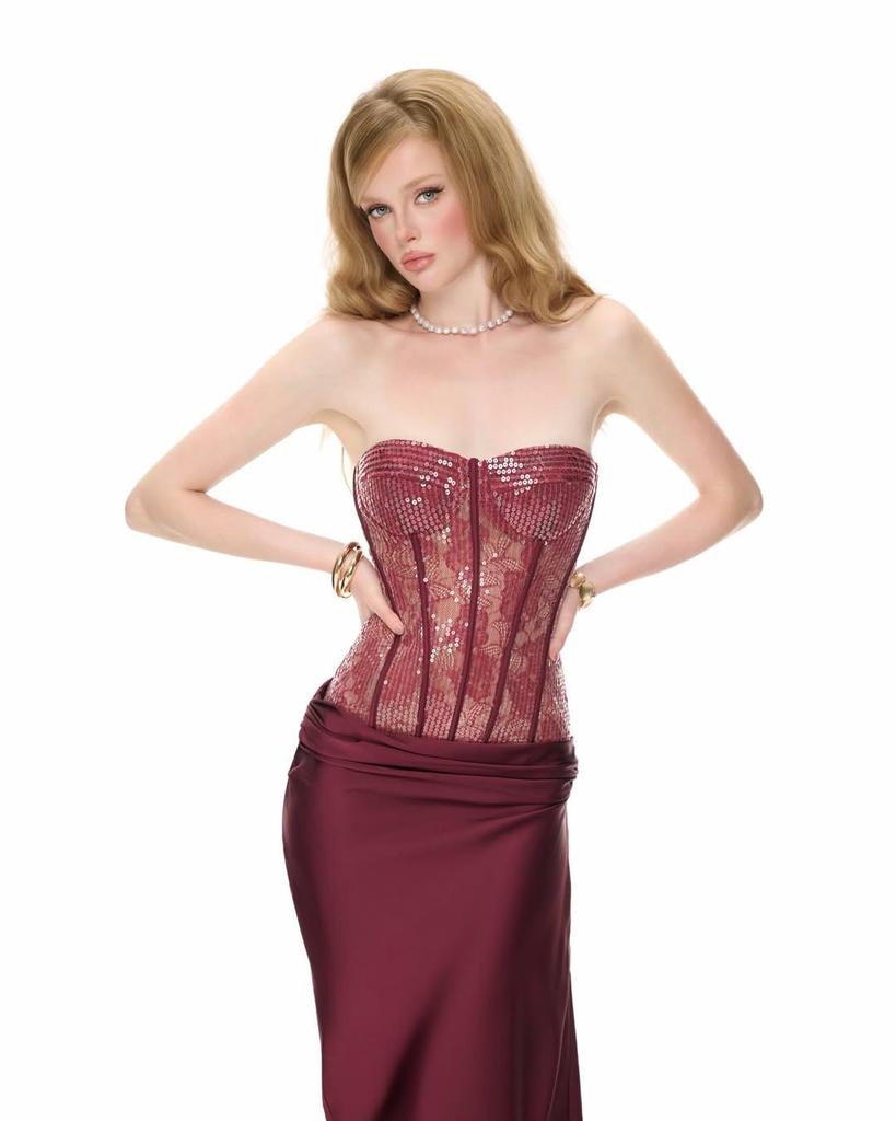 Wine Red Strapless Lace Slim Fit Long Dress - Stylish Streetwear for Hot Dates