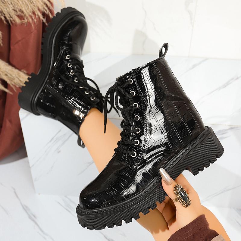 Fashion Patent Leather Thick Sole Ankle Boots Women Fashion Lace Up Zipper Black Platform Boots Woman Comfy Plus Size Motorcycle Shoes