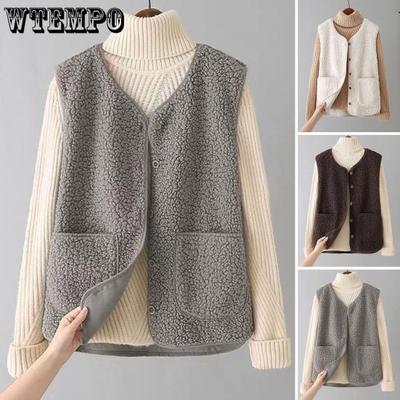Women Fall Winter Vest Coat Solid Color V Neck Sleeveless Button Closure V Neck Soft Warm Pockets Cardigan Lady Waistcoat