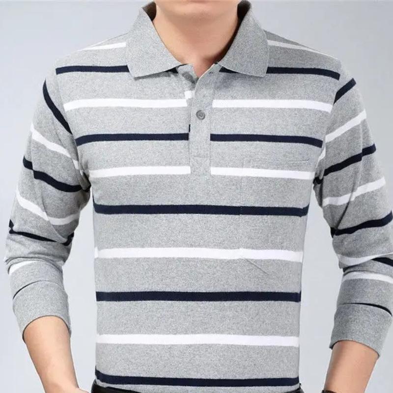 Camisas polo listradas masculinas da moda, novas camisas polo coreanas para negócios, primavera/outono, casuais, manga comprida, bolsos na lapela, roupas masculinas, tops de algodão, 2025