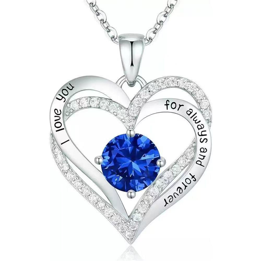 Silver Double Heart Pendant Necklace with Engraving - White Gold Romantic Layered Design Copper