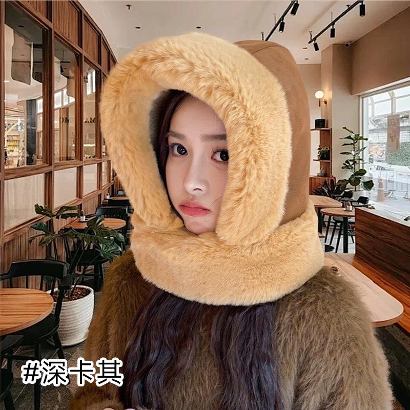 Autumn and winter integrated hat women's wool hat with scarf thickened plush wool hat big head circumference versatile loose hat