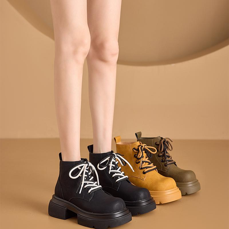 Women's Ankle Boots and Short Boots Thick-soled Casual Yellow Women Boots Plus Size Lace-up Motorcycle Boots Female
