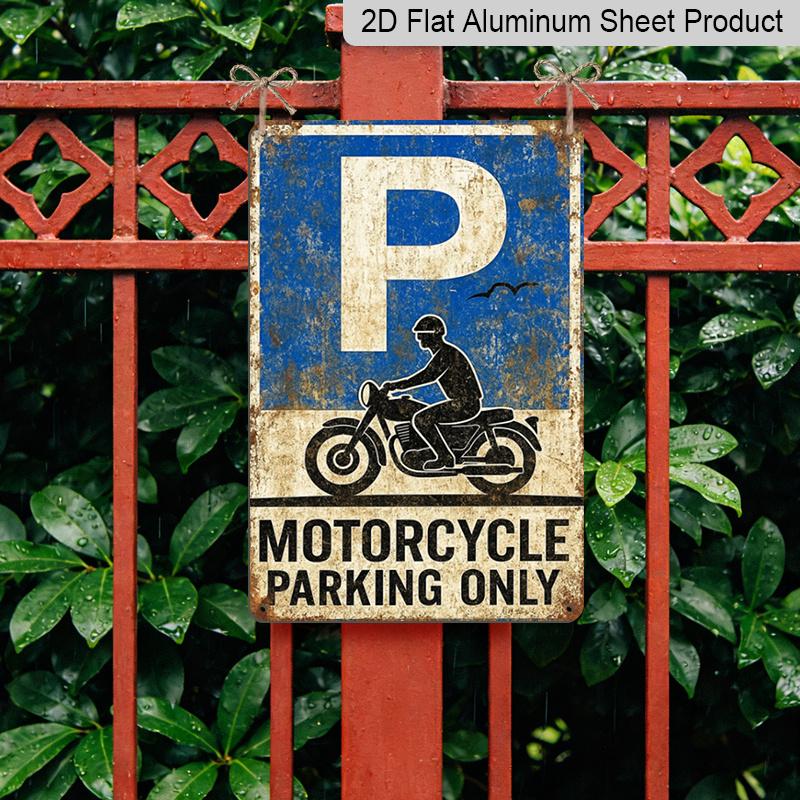2D Flat, 1pc 7.87x11.81inch Aluminium Sign - "Motorcycle Parking Only" Vintage Distressed Metal Plaque - Wall Decor Reflecting Vintage Style, Ideal