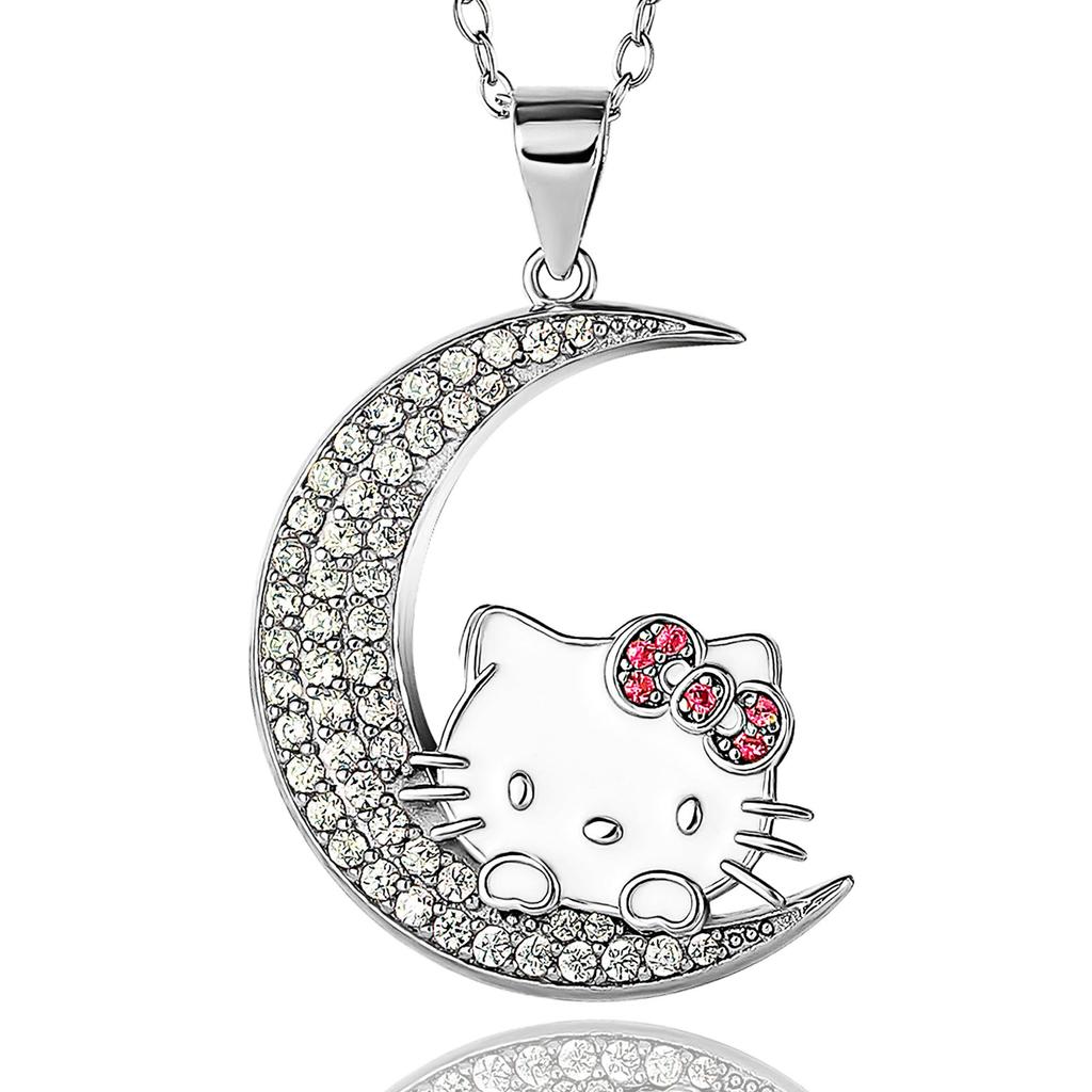 SALLY ROSE Hello Kitty Moon Cubic Zirconia Pendant Necklace Officially Licensed Sterling Silver Hello Kitty Necklace for Sterling Cubic Zirconia 18"
