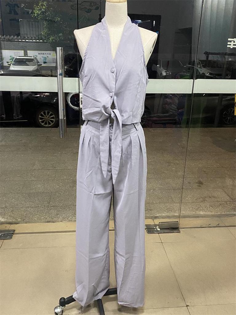 2024 Women’s Fashion Sleeveless Hollow Top & High-Waist Wide-Leg Pant Set
