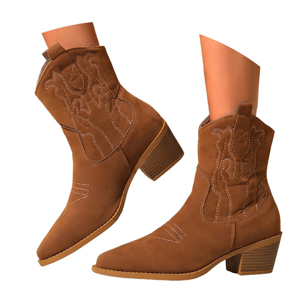 Fashion Women's Boots Vintage Embroidery Western Cowboy Boots Fall And Winter Chunky Heel Round Rain Boots for Women Mid Calf 8