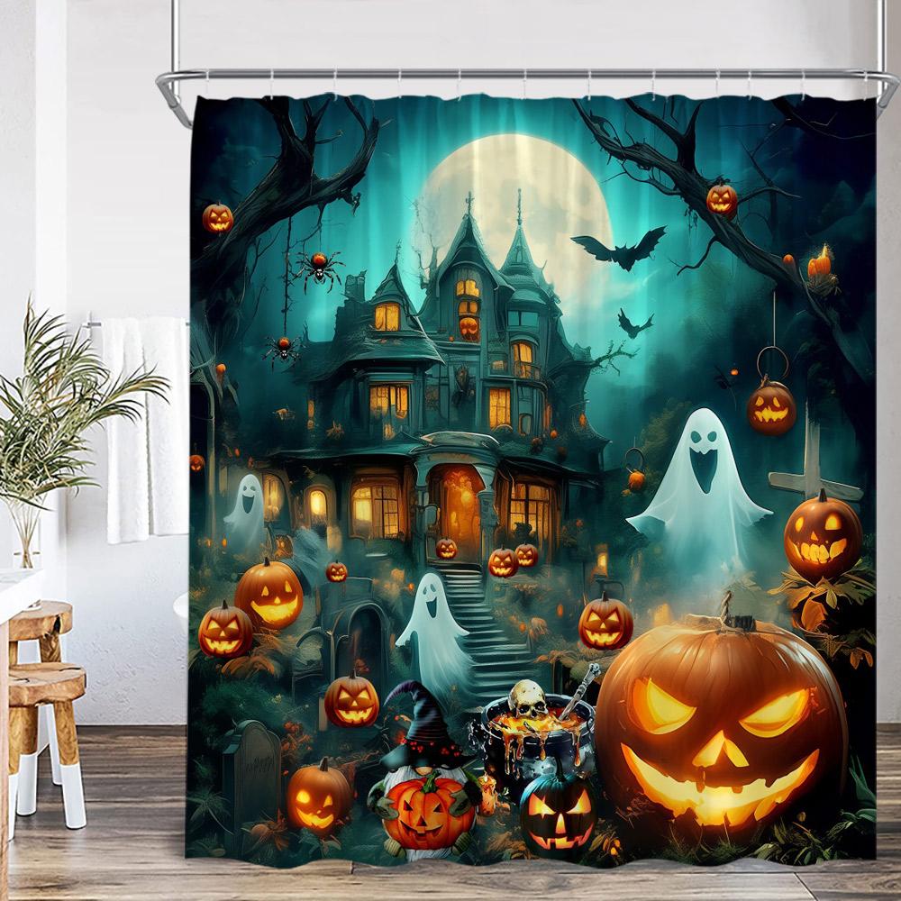 

Happy Halloween Pumpkin Lantern Shower Curtain Flying Witch Full Moon Horror Night Bathroom Decor Polyester Fabric Bath Curtain 90x180cm-35x70in