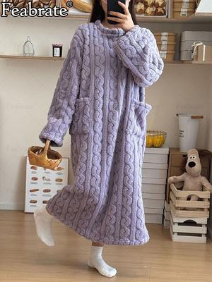 Thickened Sleeping Robe With Coral Velvet Long , Loose And Pocket Like Sleeping Skirt