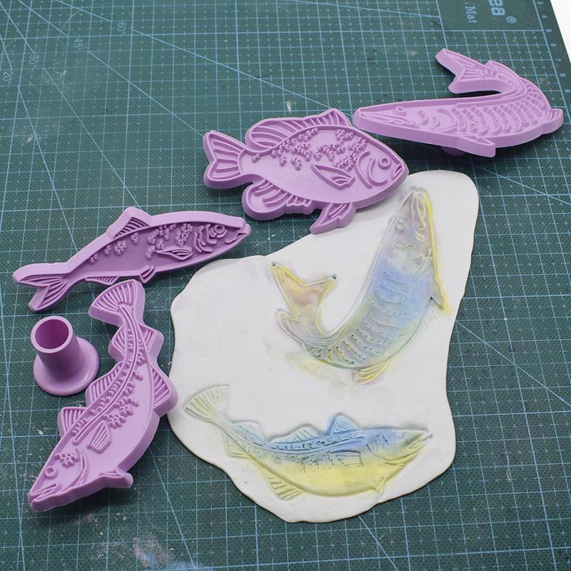4pcsSet of Fish-Shaped Polymer Clay Texture Embossing Stamps - Vibrant Purple and Blue Designs for Pottery, Ceramics, and Craft Projects, Art Supplies
