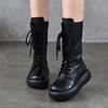 Johnature Genuine Leather Round Toe Thick Soled Mid-calf Boots Retro Lace Up Side Zipper Versatile Women's Boots